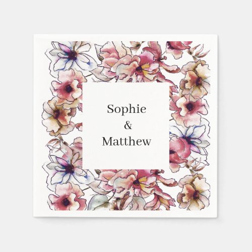 Burgundy Pink and Blue Floral Garland Watercolor Napkins