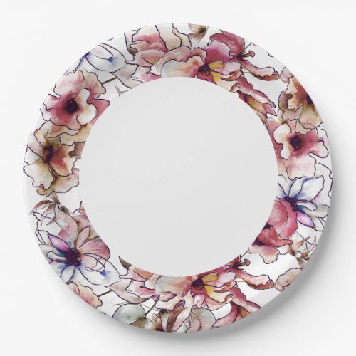 Burgundy Pink and Blue Floral Garland Watercolor Paper Plates