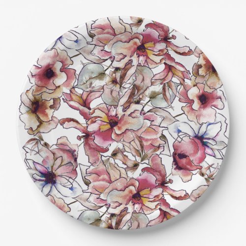 Burgundy Pink and Blue Floral Garland Watercolor Paper Plates