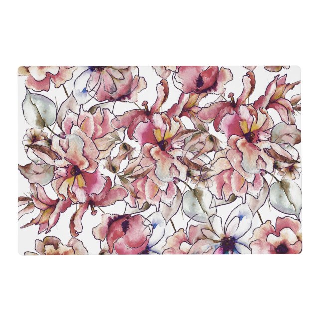Burgundy Pink and Blue Floral Garland Watercolor Placemat (Front)