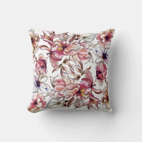 Burgundy Pink and Blue Floral Garland Watercolor Throw Pillow