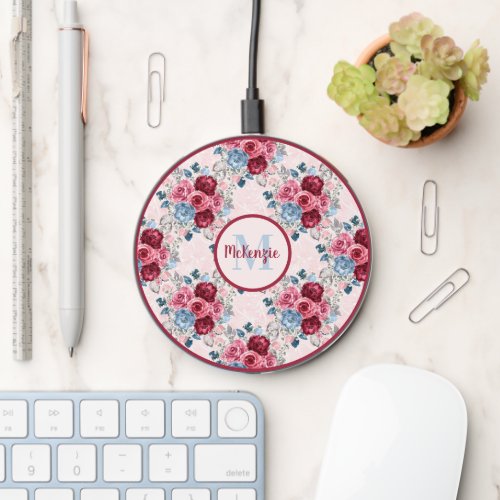 Burgundy Pink and Dusty Blue Roses Monogrammed Wireless Charger