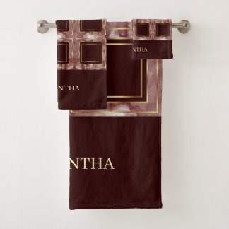 Burgundy Pink And Gold Repeat Squares Name Bath Towel Set