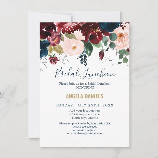 Burgundy, Pink and Midnight Blue Bridal Luncheon Invitation (Front)