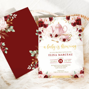 Burgundy Pink Baby is Brewing Shower Tea Party Invitation