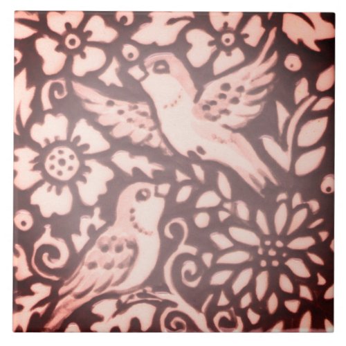 Burgundy Pink Bird Floral Foliage Woodland Decor Ceramic Tile