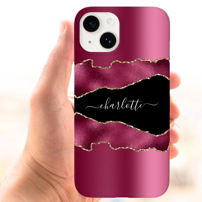 Burgundy pink black agate marble name script Case-Mate iPhone case (Creator Uploaded)