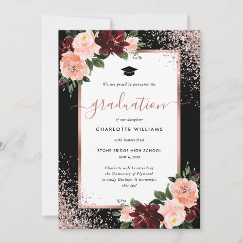 Burgundy Pink Black Rose Gold Floral Graduation Announcement