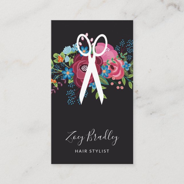 Burgundy Pink Blue Bouquet Scissor Hair Stylist Business Card (Front)