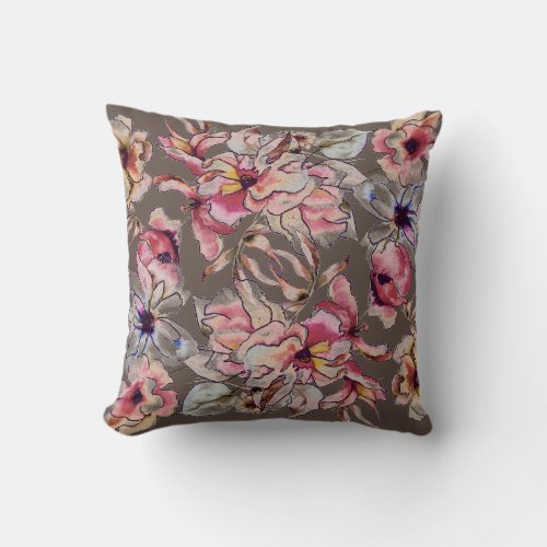 Burgundy Pink Blue Floral Garland Watercolor Brown Throw Pillow