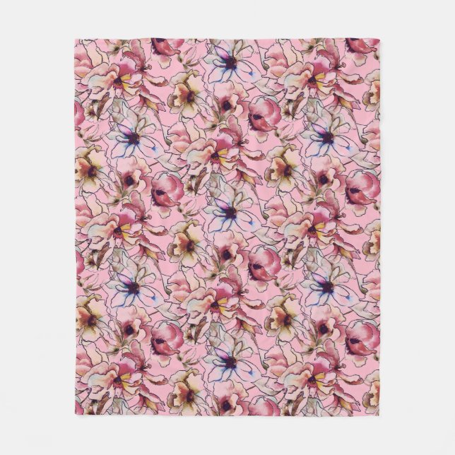 Burgundy Pink Blue Floral Garland Watercolor Fleece Blanket (Front)