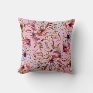 Burgundy Pink Blue Floral Garland Watercolor Throw Pillow