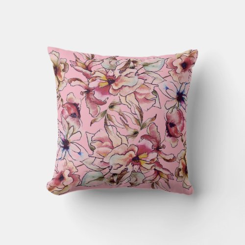 Burgundy Pink Blue Floral Garland Watercolor Throw Pillow