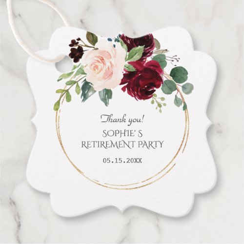 Burgundy Pink Blue Flowers Gold Retirement Party Favor Tags