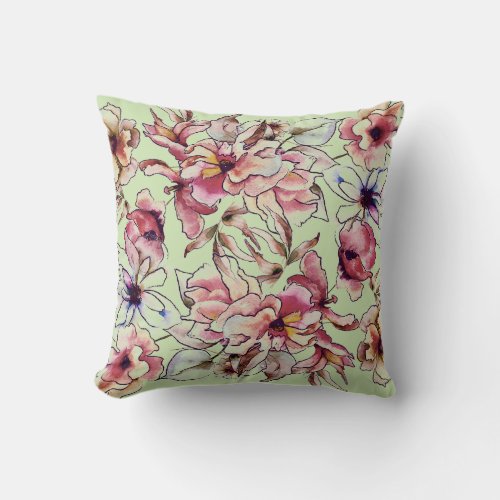 Burgundy Pink Blue Green Floral Garland Watercolor Throw Pillow