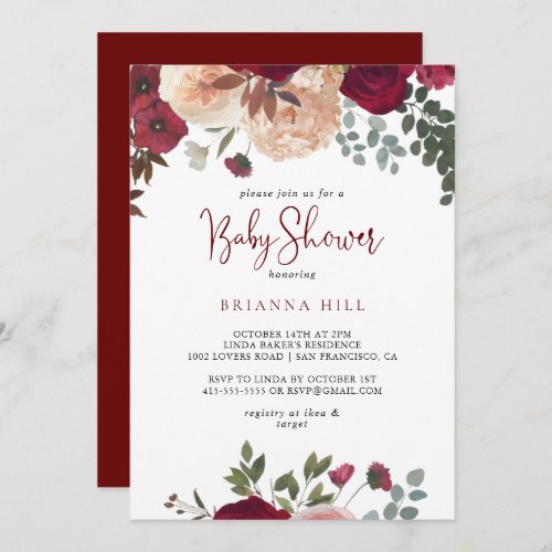 Burgundy Pink Blush Floral Baby Shower  Invitation