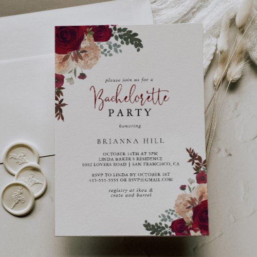 Burgundy Pink Blush Floral Bachelorette Party  Invitation