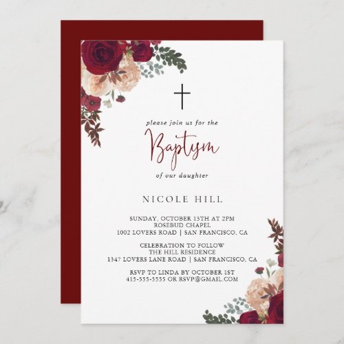 Burgundy Pink Blush Floral Baptism   Invitation