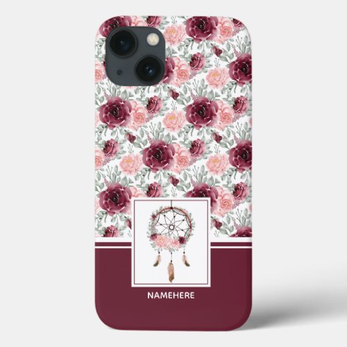 Burgundy Pink Blush Floral Dreamcatcher Pattern iPhone 13 Case