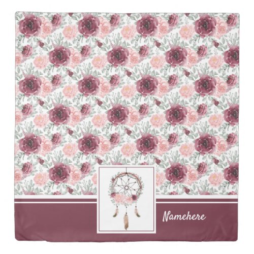 Burgundy Pink Blush Floral Dreamcatcher Pattern Duvet Cover