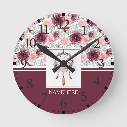 Burgundy Pink Blush Floral Dreamcatcher Pattern Round Clock