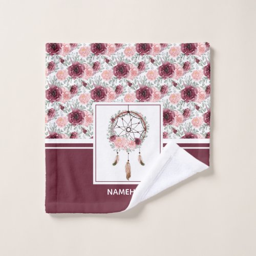 Burgundy Pink Blush Floral Dreamcatcher Pattern Wash Cloth