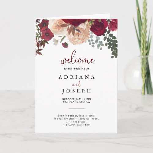 Burgundy Pink Blush Floral Folded Wedding   Program