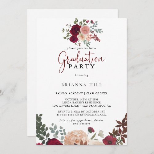 Burgundy Pink Blush Floral Graduation Party   Invitation