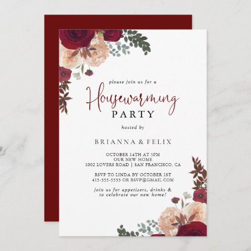 Burgundy Pink Blush Floral Housewarming Party  Invitation