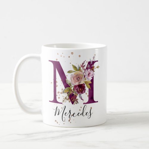 Burgundy Pink Blush Floral Letter M Monogram Coffee Mug