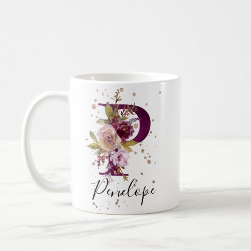 Burgundy Pink Blush Floral Letter P Monogram Coffee Mug