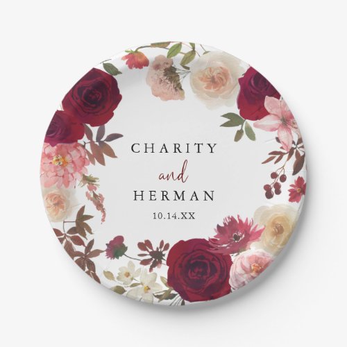 Burgundy Pink Blush Floral Wedding Cake  Paper Plates