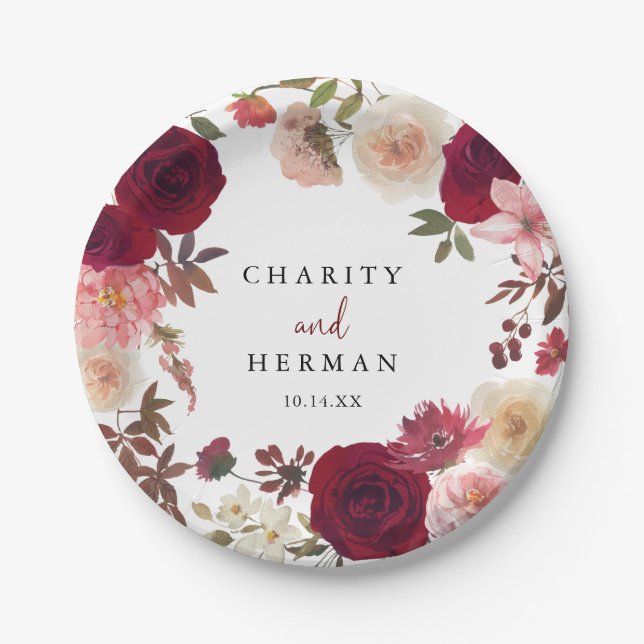 Burgundy Pink Blush Floral Wedding Cake  Paper Plates (Front)