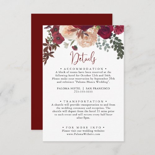 Burgundy Pink Blush Floral Wedding Details  Enclosure Card