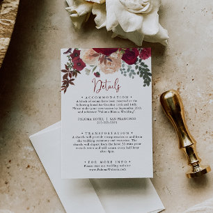 Burgundy Pink Blush Floral Wedding Details  Enclosure Card