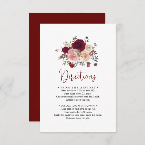 Burgundy Pink Blush Floral Wedding Directions  Enclosure Card