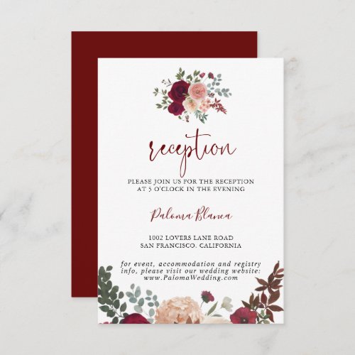 Burgundy Pink Blush Floral Wedding Reception  Enclosure Card