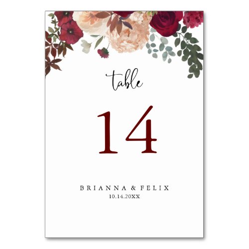 Burgundy Pink Blush Floral Wedding  Table Number