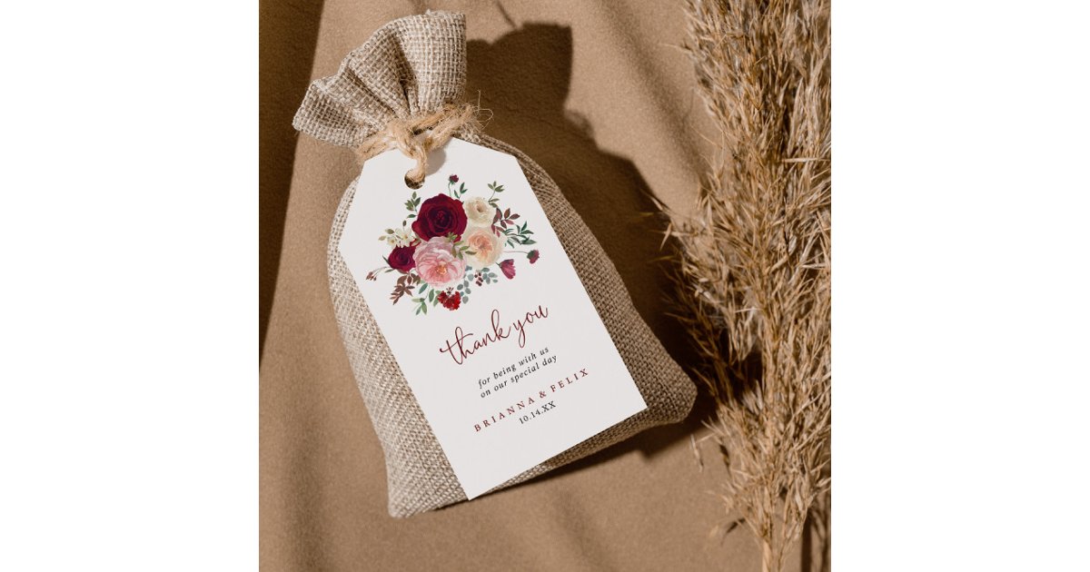Burgundy Pink Blush Floral Wedding Thank You Gift Tags | Zazzle