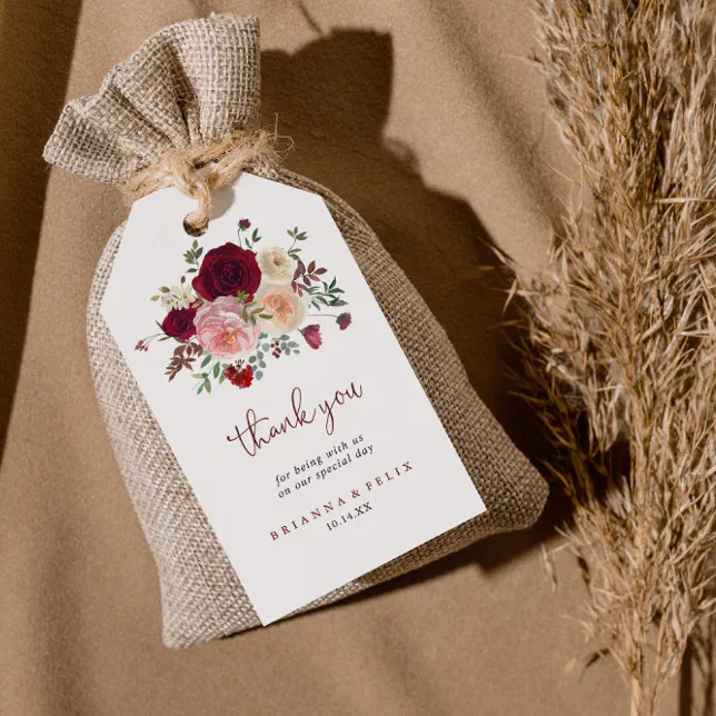 Burgundy Pink Blush Floral Wedding Thank You Gift Tags | Zazzle