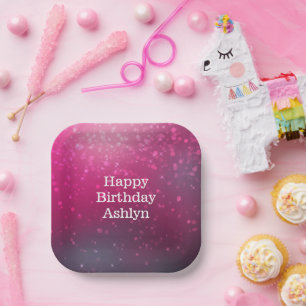 Burgundy Pink Bokeh Hearts Birthday Paper Plates