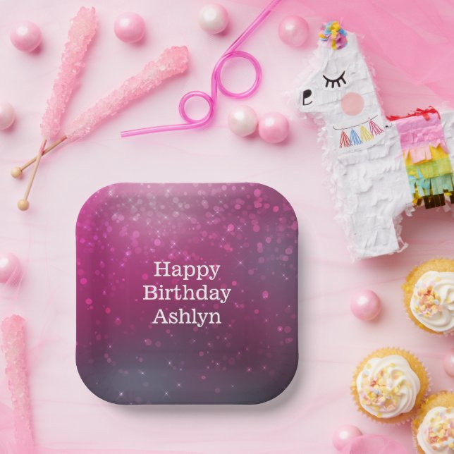 Burgundy Pink Bokeh Hearts Birthday Paper Plates (Party)