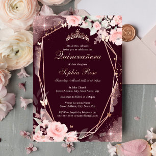 Burgundy Pink Butterfly Floral Quinceanera Foil Invitation
