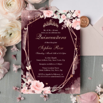 Burgundy Pink Butterfly Floral Quinceanera Foil Invitation by LittleBayleigh at Zazzle
