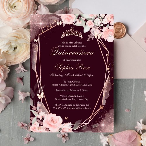 Burgundy Pink Butterfly Floral Quinceanera Foil Invitation