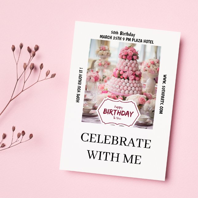 Burgundy pink cake photo 50th Birthday Party Invitation (Burgundy pink cake photo 50th Birthday Party )