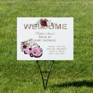 Burgundy Pink Car Floral Girl Baby Shower Drive By Sign
