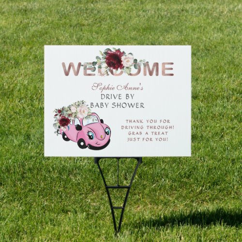 Burgundy Pink Car Floral Girl Baby Shower Drive By Sign