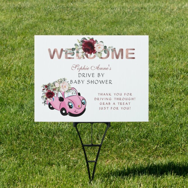 Burgundy Pink Car Floral Girl Baby Shower Drive By Sign (Insitu)