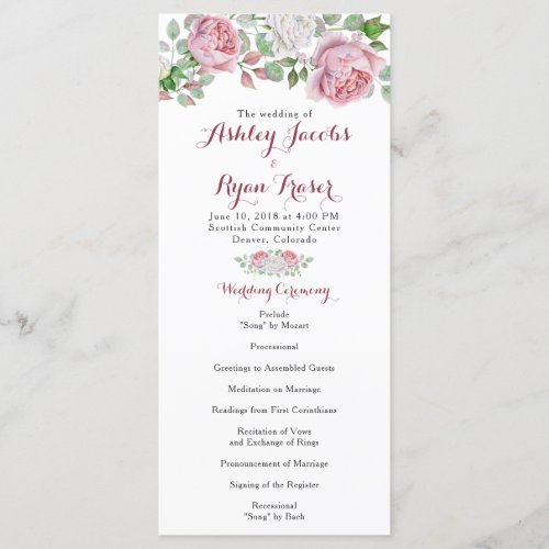 Burgundy Pink Chic Rose Floral Wedding Program